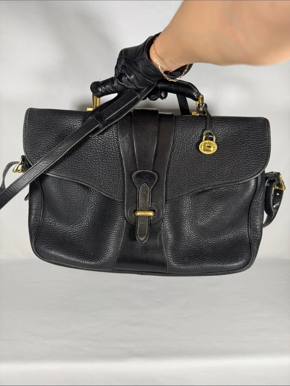 Authentic Dooney & Bourke Black Pebble Leather Briefcase with Brass Hardware